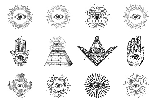 Freemasonry symbols, set of vector illustrations in engraving style, All Seeing Eye, Square and Compasses, Pyramid. Hamsa and Eye of Providence on the palm, vintage sketches