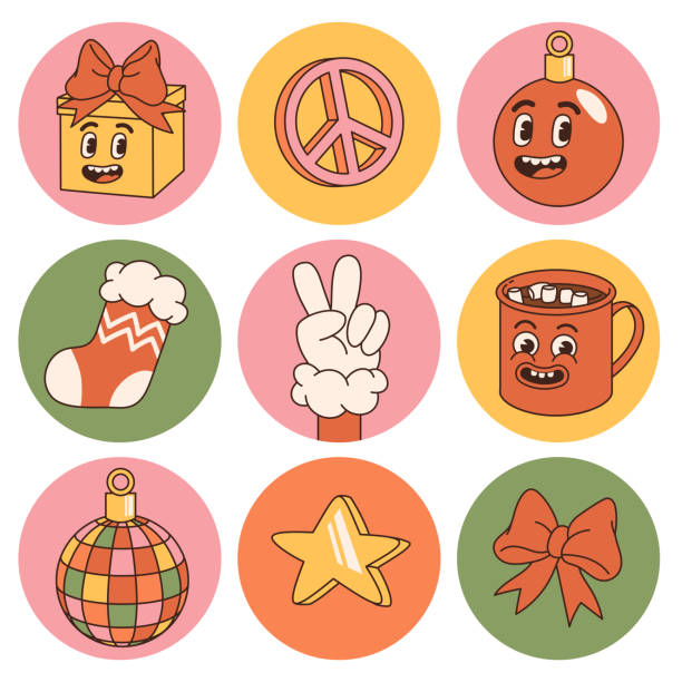 illustrations, cliparts, dessins animés et icônes de autocollants de noël hippies groovy. paix, cacao, étoile, balle, cadeau dans le style de dessin animé rétro à la mode. - christmas symbol icon set christmas present