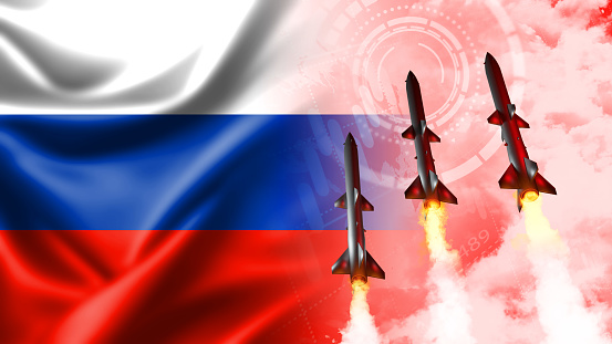 Modern strategic rocket forces concept on flag background, Russia nuclear missile attack - military, industrial illustration