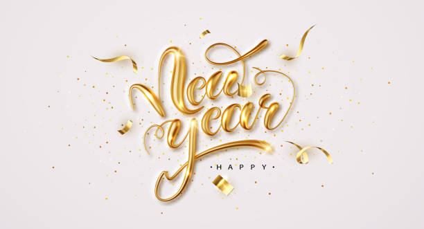 istock Happy New Year. Elegant congratulation with 3D realistic gold metal lettering 1436638281