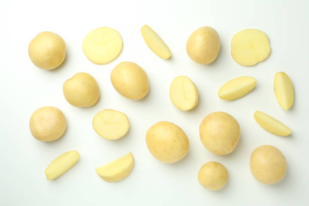 istock Tasty young potato on white background, top view 1436639357