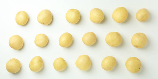istock Tasty young potato on white background, top view 1436640450