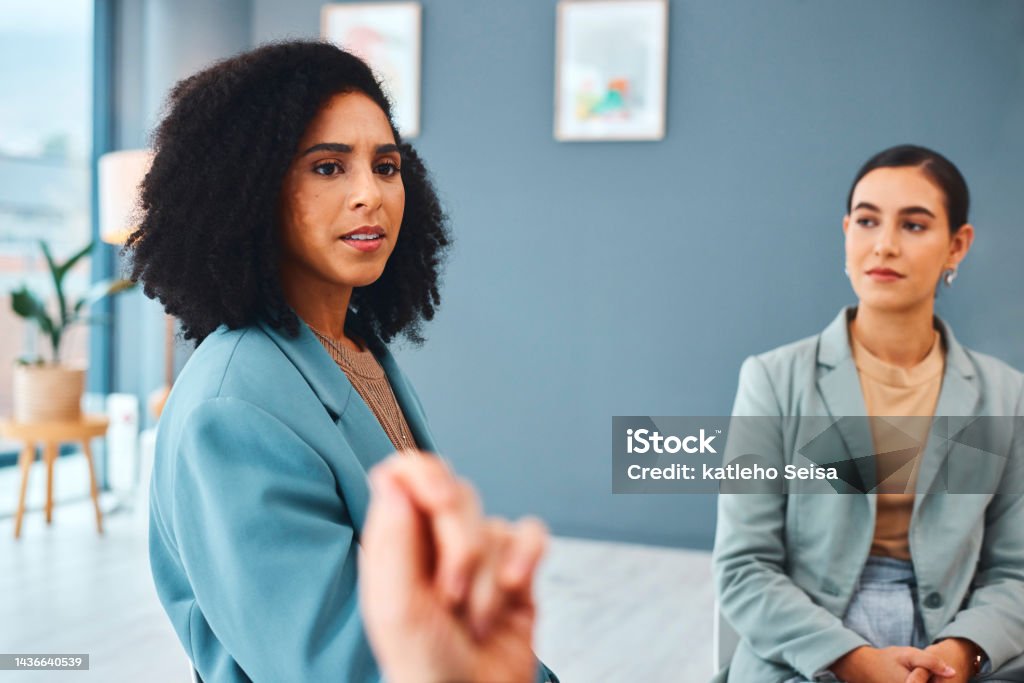 Leader, manager or black woman boss in a meeting collaboration, brainstorming or team building for women empowerment. Corporate people discussion, planning and b2b communication speaker in a circle Happiness Stock Photo