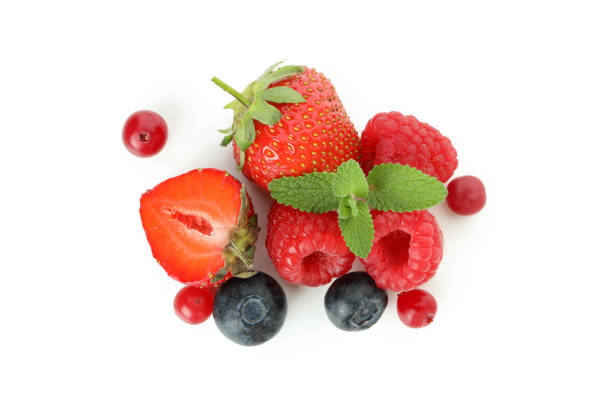 istock Delicious berry mix isolated on white background 1436641176