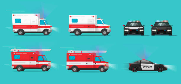 ilustraciones, imágenes clip art, dibujos animados e iconos de stock de ambulancia coche de emergencia vector 3d, camión de bomberos lateral y policía delantera fbi vehículo de rescate furgoneta clipart ilustración gráfica recortada, automóviles de seguridad imagen prediseñada - ambulancia