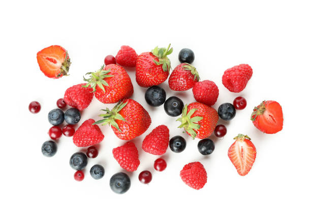 istock Delicious berry mix isolated on white background 1436642838