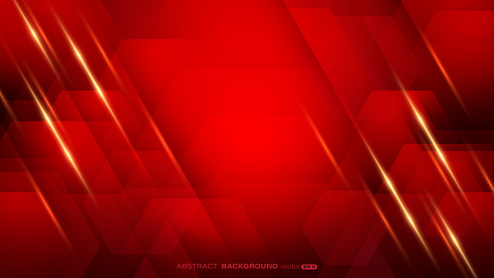Geometric red abstract background eith hexagon shapes and beam effect decoration. Vector illustration