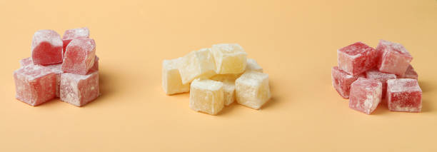 istock Delicious turkish delight cubes on beige background 1436646775