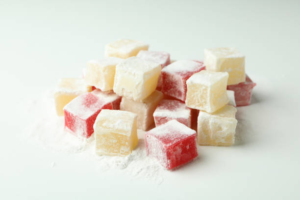 istock Delicious turkish delight cubes on white background 1436646806