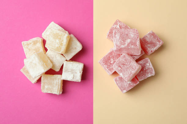 istock Delicious turkish delight on two tone background 1436648132