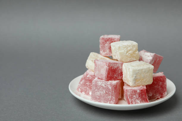 istock Plate with delicious turkish delight on gray background 1436648482