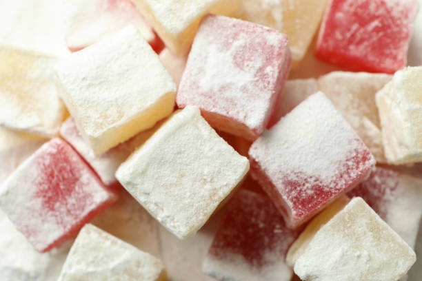 istock Delicious turkish delight cubes, close up and selective focus 1436648586