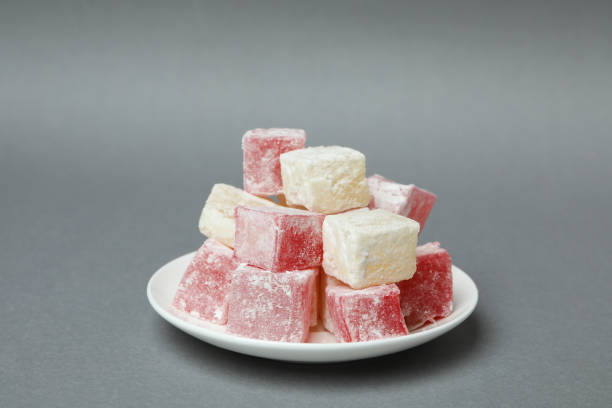 istock Plate with delicious turkish delight on gray background 1436649184