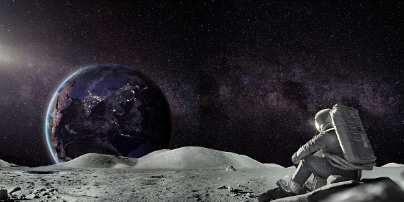 An astronaut on the moon, sitting in full space suit. sitting on a rock leaning feet against rocks and resting arms on knees, looking at a distant earth with city lights visible. Earth image from NASA - https://eoimages.gsfc.nasa.gov/images/imagerecords/90000/90008/asia_vir_2016_lrg.png