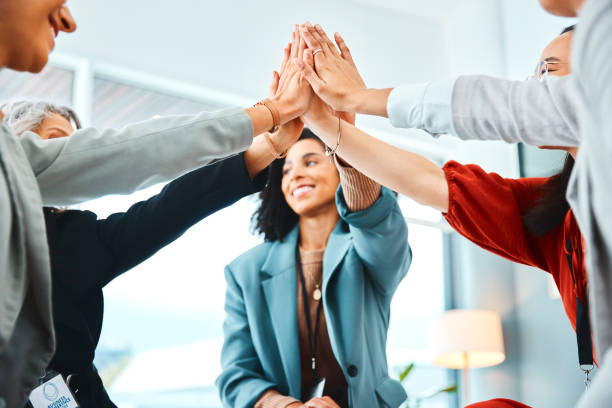 istock Business high five, team hands and teamwork success hand sign of office workers. Support, collaboration and motivation of marketing worker team showing work community and staff solidarity together 1436650794