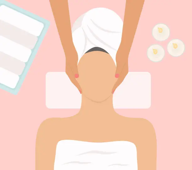 Vector illustration of Woman Receiving Facial Massage And Skin Care Treatment At Spa Center