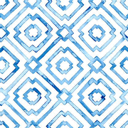 seamless geometric watercolor pattern, white and blue textile print, handwork with paints on paper, grunge texture