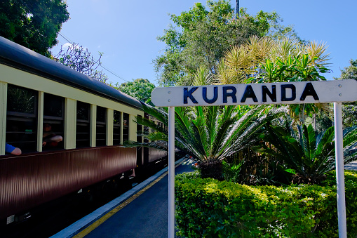A train and gate of Kuranda raiway station, Queensland, Australia
