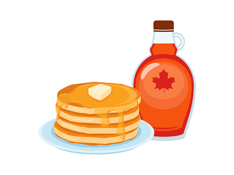 Fresh sweet pancakes with butter and maple syrup icon isolated on a white background