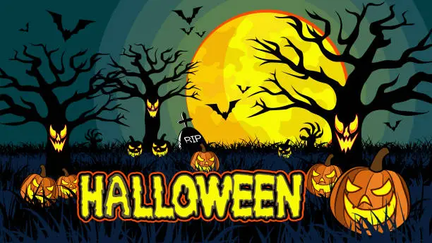 Vector illustration of Halloween pumpkins and dark trees on yellow Moon background, Halloween Vector Graphic Illustration.