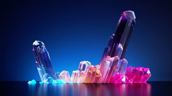 3d render, colorful crystals isolated on blue background. Modern fantasy wallpaper