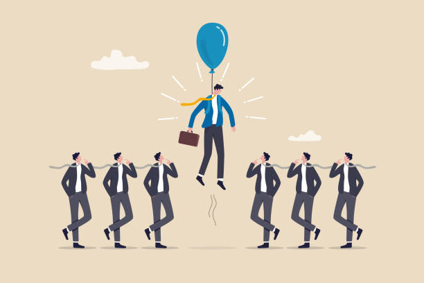Differentiate from competitors, stand out or much better from others, difference, unique or outstanding concept, initiative businessman flying with balloon stand out from other same competitors. Differentiate from competitors, stand out or much better from others, difference, unique or outstanding concept, initiative businessman flying with balloon stand out from other same competitors. businessman standout stock illustrations
