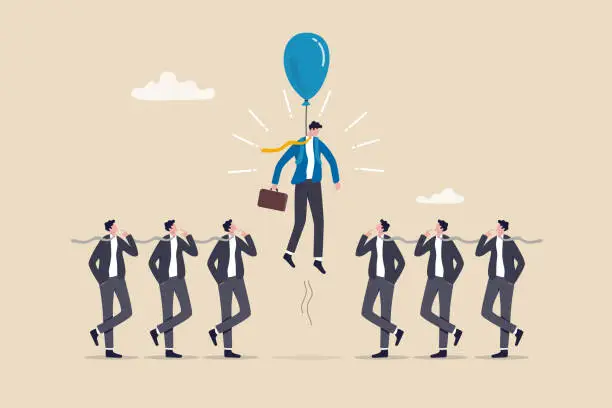 Vector illustration of Differentiate from competitors, stand out or much better from others, difference, unique or outstanding concept, initiative businessman flying with balloon stand out from other same competitors.