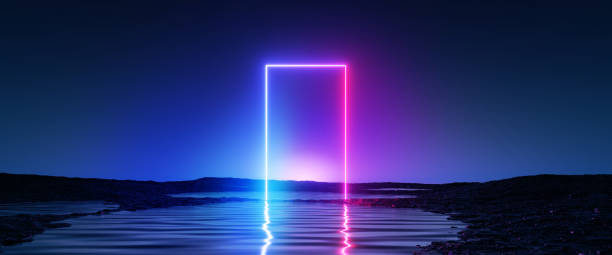 istock 3d rendering, abstract futuristic background. Landscape with water and square geometric arch glowing in the dark under the night sky. Fantastic wallpaper 1436657666