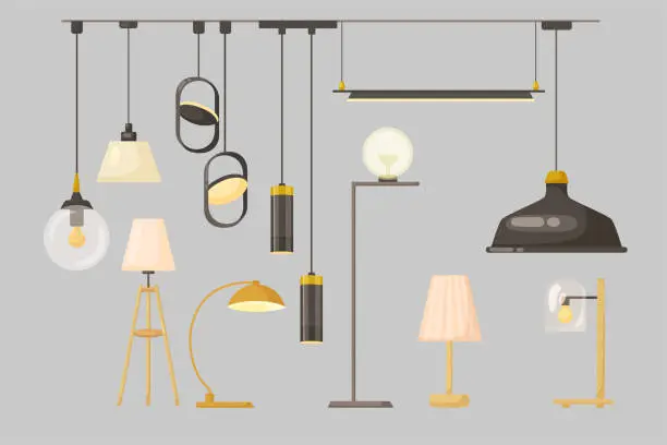 Vector illustration of Pendant lamps and light fixtures and cartoon illustration set