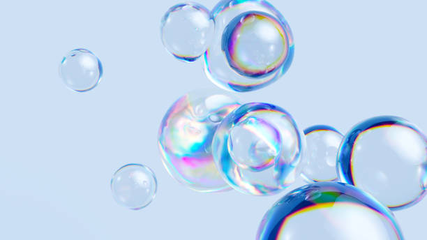 3d render, abstract background with iridescent soap bubbles, translucent balls stock photo