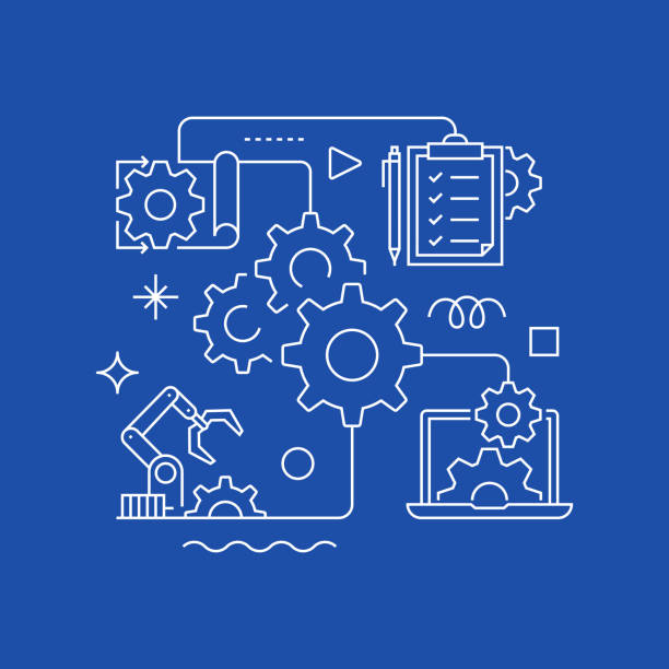 illustrations, cliparts, dessins animés et icônes de concept de conception de bannière vectorielle liée à l’ingénierie, style de ligne moderne avec icônes - automatisé