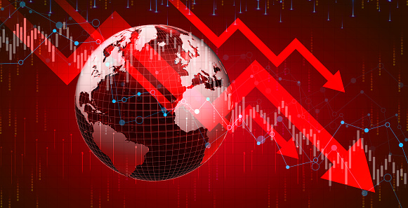 Global Economic Crisis, Bear Market Stock Chart On Red Background, Stock Market Crash, Business Finance And Investment,