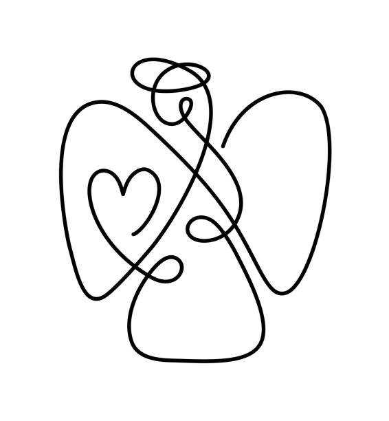 Vector simple Christmas angel with heart, continuous line drawing, print for clothes and  design, emblem or silhouette one single line, isolated abstract illustration Vector simple Christmas angel with heart, continuous line drawing, print for clothes and  design, emblem or silhouette one single line, isolated abstract illustration. sketches-of-hearts-with-wings-clip-art stock illustrations