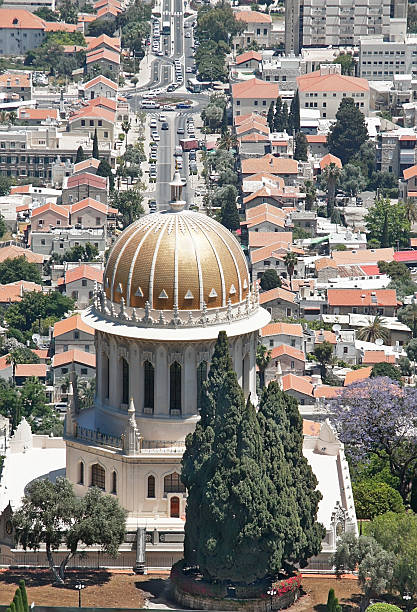 istock Bahia temple on background of Haifa 143666128