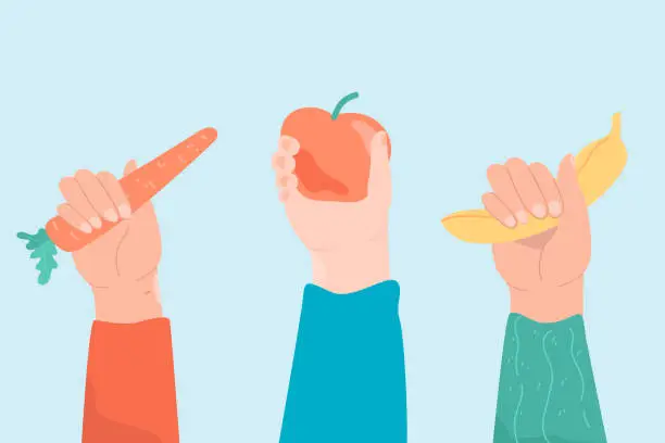 Vector illustration of Hands holding fruits and vegetables flat vector illustration