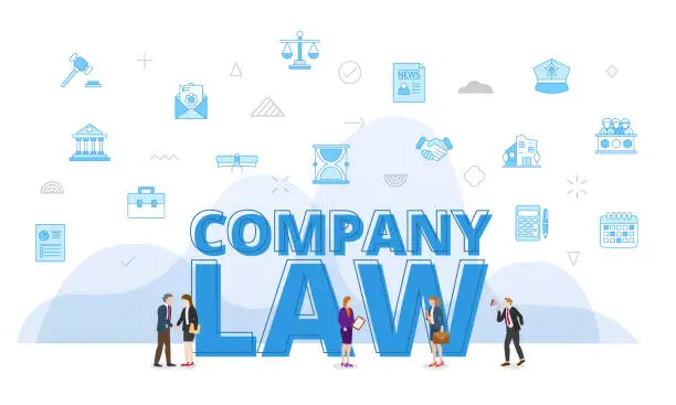 Vector illustration of company law concept with big words and people surrounded by related icon spreading with modern blue color style