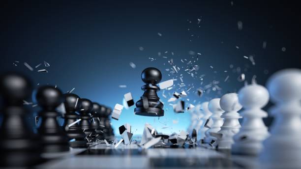 istock 3d illustration, chess game aggressive move, black pawn chess piece breakthrough. Successful business planning, innovation concept 1436663497