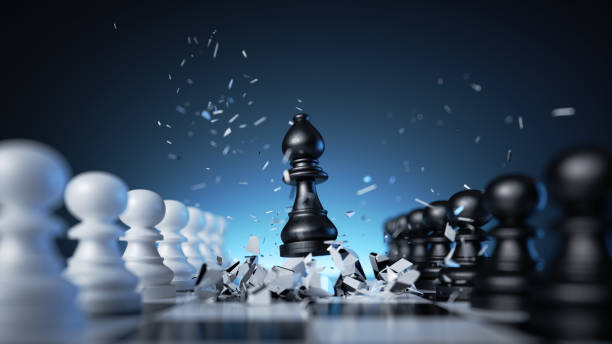 istock 3d render, chess game aggressive move, black bishop chess piece attacks. Business planning, strategic concept 1436663529