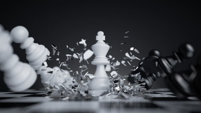 3d animation, chess game battle, white king chess piece jumps down, aggressive attack, all pawns fall down. Successful strategy, champion metaphor, leadership concept