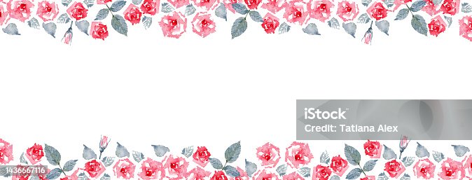 istock Red Climbing Rose "Etoile de Hollande". Facebook cover Template. Web banner design for ads and social media.  Watercolor illustration 1436667116