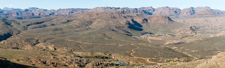Panoramic view from hiking trail to the Wolfberg Cracks at Sanddrif in the Western Cape Cederberg, Sanddrif and Dwarsrivier are visible
