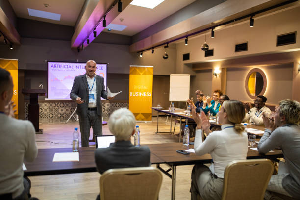 istock Businessman having a speech during business seminar at convention center 1436668198