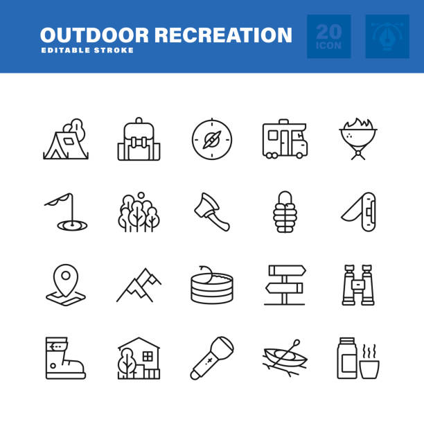 outdoor recreation line icon set. bearbeitbarer strich. pixel perfekt. - lifestyle sports and fitness travel locations water stock-grafiken, -clipart, -cartoons und -symbole