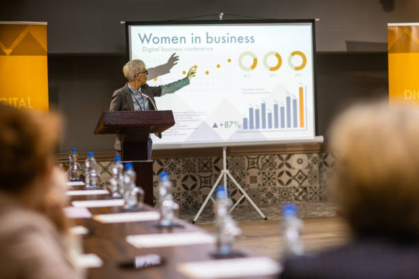 istock Successful businesswoman having a speech during business conference 1436669910