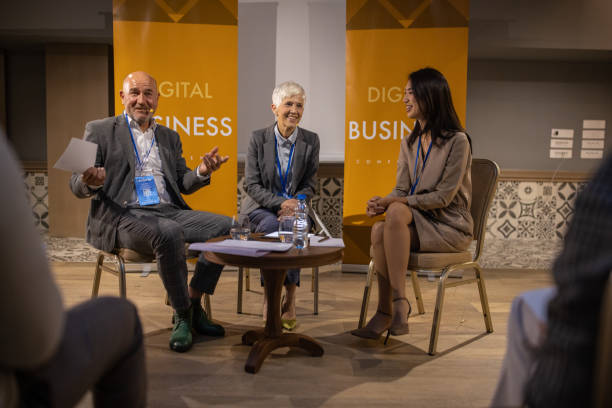 istock Business people participates in panel discussion at conference center 1436669929