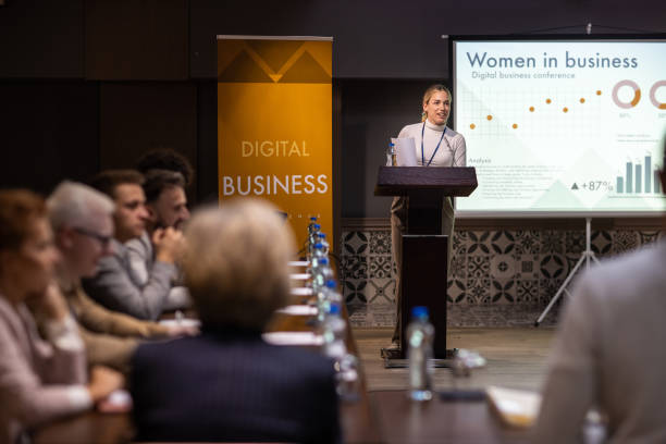 istock Successful businesswoman having a speech during business conference 1436669934