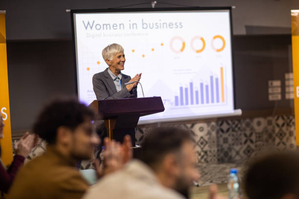 istock Successful businesswoman having a speech during business conference 1436670045