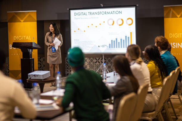 istock Successful businesswoman having a speech during business conference 1436670087