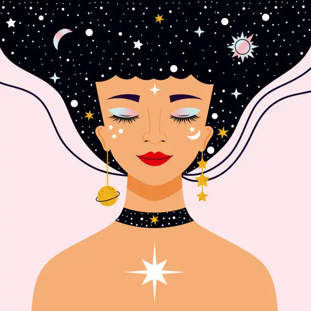 Vector illustration of Beautiful woman with stars in hair. Girl with bright makeup. Astrologer. Moon and constellation. Outer space. Galaxy.