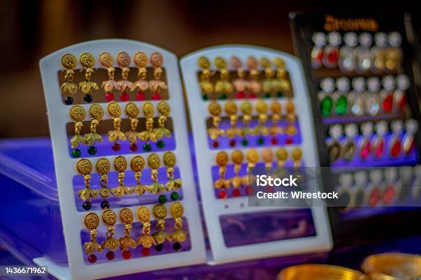 Artificial Gold Plated Jhumka Earring Stock Photo - Download Image Now - Artificial, Color Image, Crystal